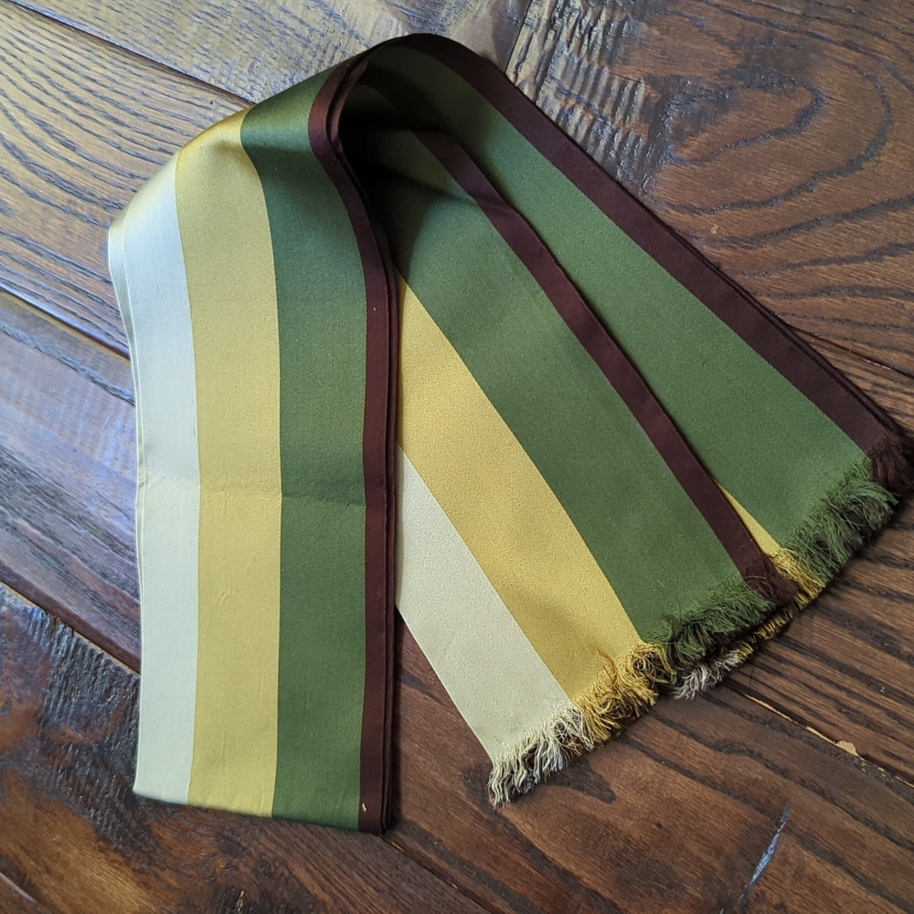 Vintage Double Layer Silk Scarf Striped Green and Brown